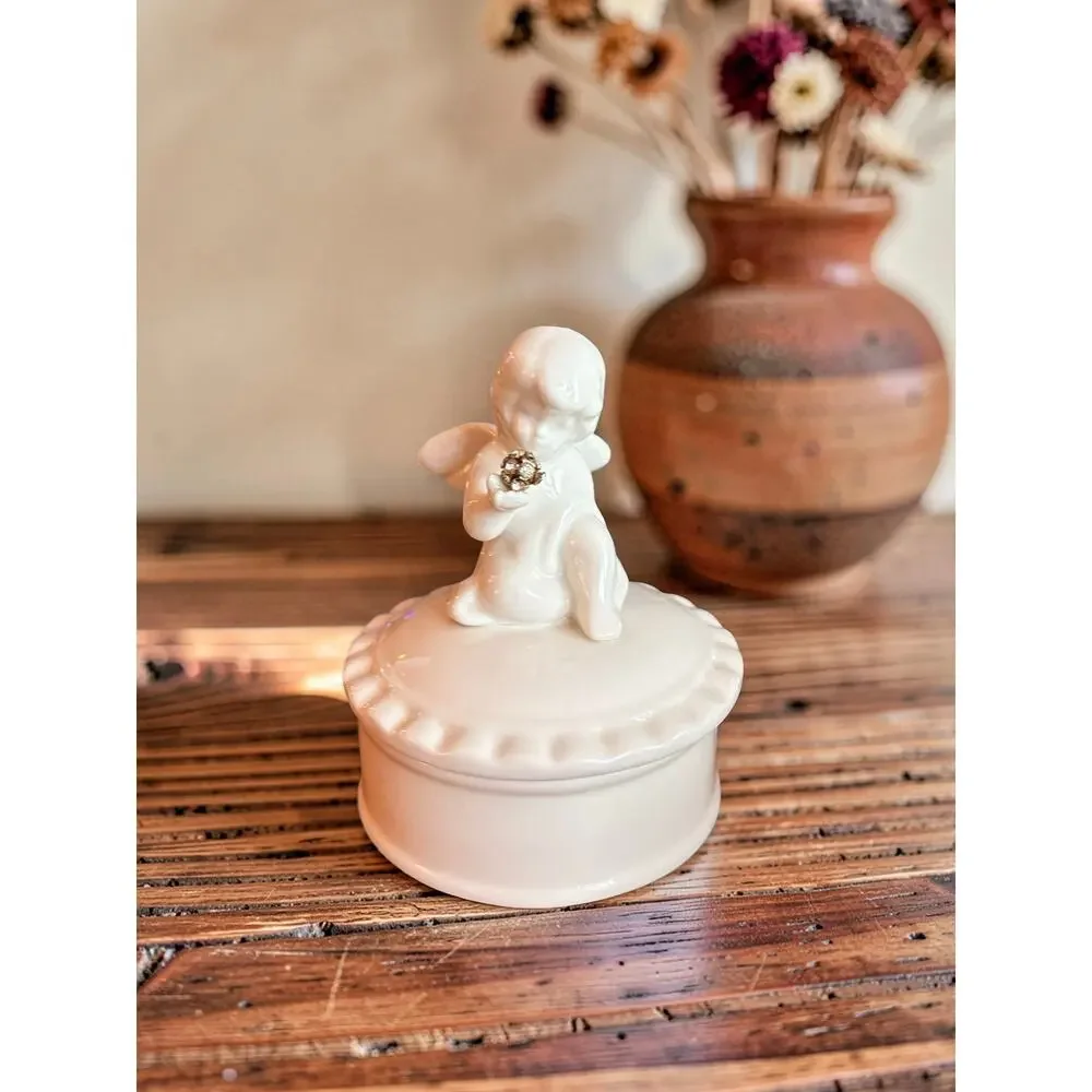 Vintage White Porcelain Cherub Trinket Box | Angel Jewelry Box/Rhinestone Flower
